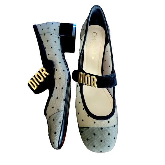 Dior Baby D Mesh Mary Jane Suede Logo Pumps Black Polka Dot Low Heel 8.5 38.5 - Picture 3 of 17